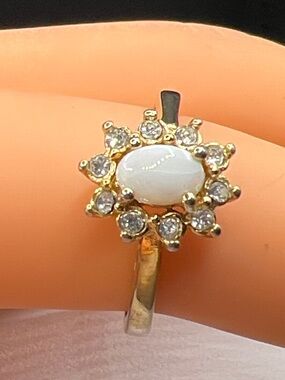 Vintage 18k HGE White Opal Halo Ring with Clear Accents, 8